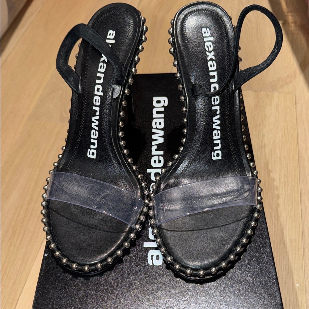 Alexander Wang Black Slingback Sandals with Clear Toe Strap and Silver Studs